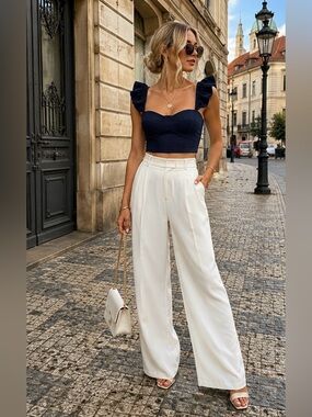 Misa Los Angeles Miya Ruffle-Sleeve Crop Top in Navy